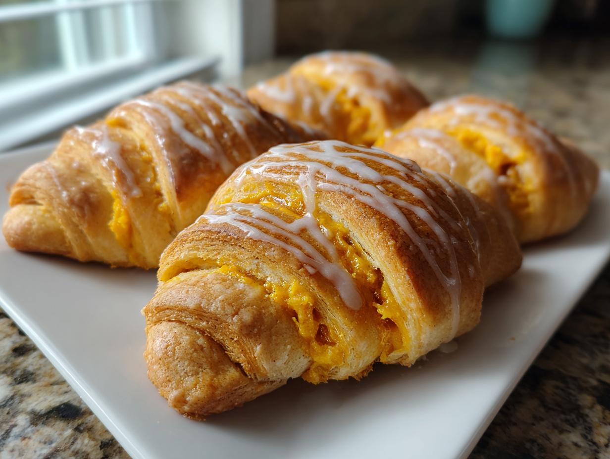 Close-up of four pumpkin pie crescent rolls drizzled with white glaze on a white plate.