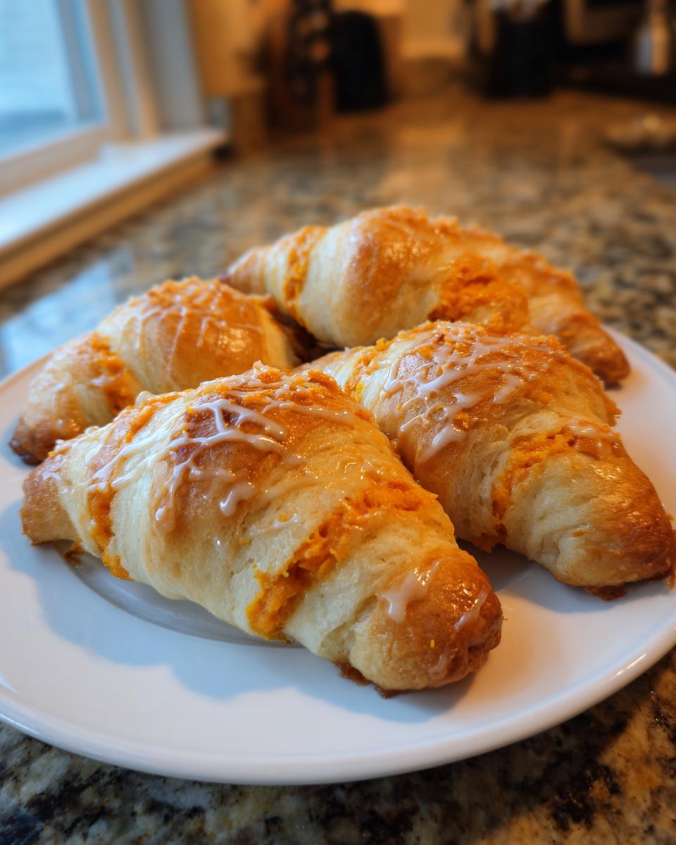 Four golden-brown pumpkin pie crescent rolls drizzled with icing on a white plate.