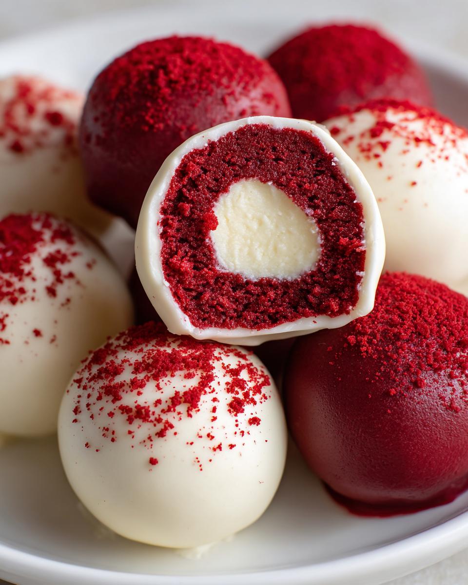Close-up of red velvet cake pops, one cut in half showing the red cake and white cream cheese center, coated in white chocolate.