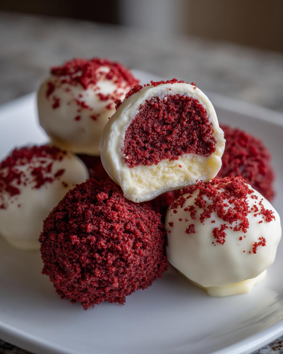 A stack of rich red velvet cake pops, some dipped in white chocolate and sprinkled with red crumbs.