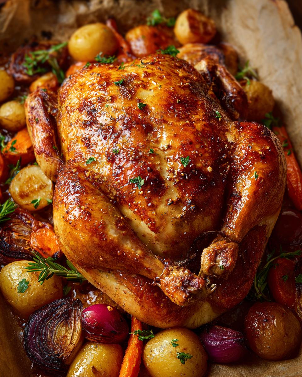 A perfectly roasted whole chicken with crispy skin, surrounded by roasted potatoes, carrots, and red onions, ideal for Sunday dinner ideas.