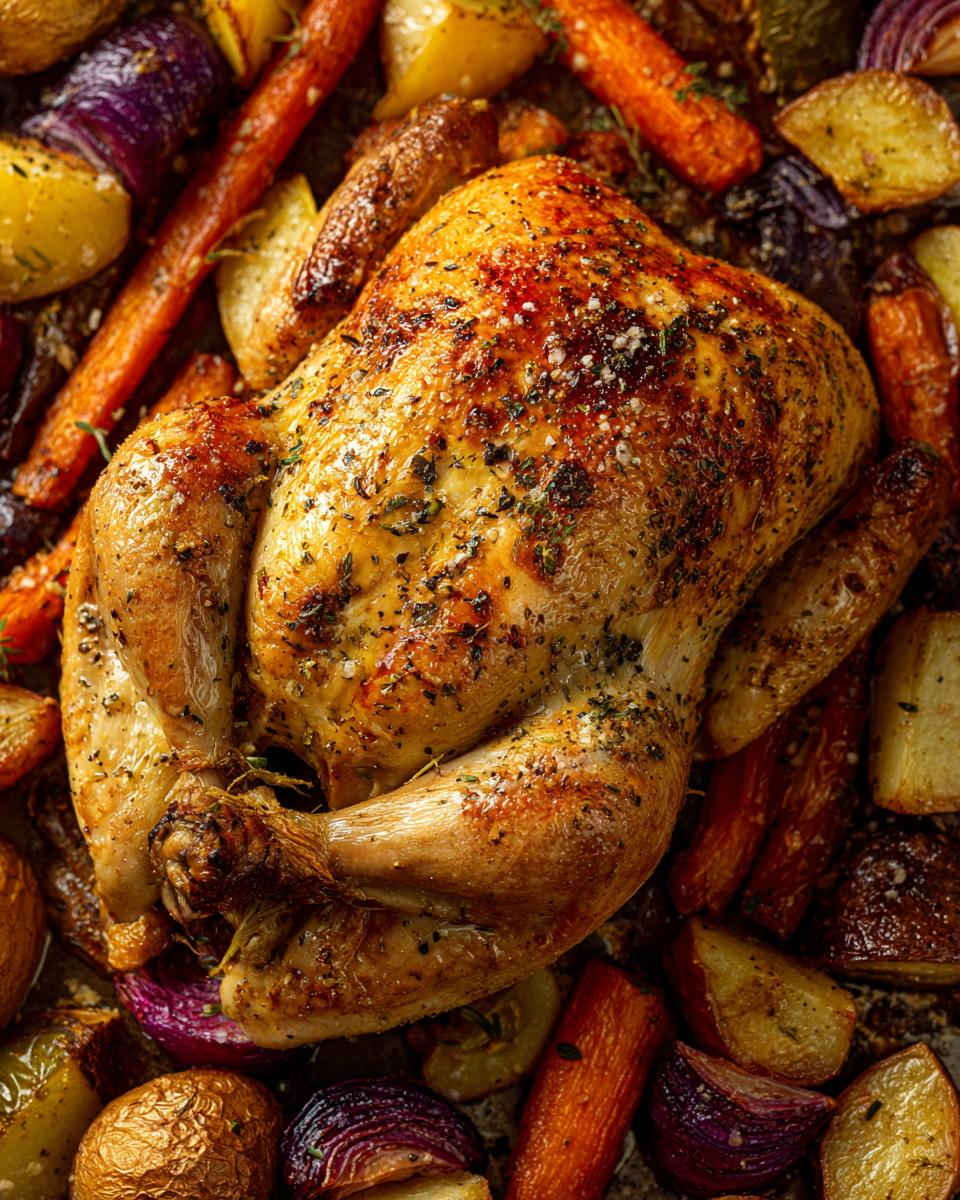 A golden-brown roasted chicken surrounded by roasted vegetables, perfect for Sunday dinner ideas.