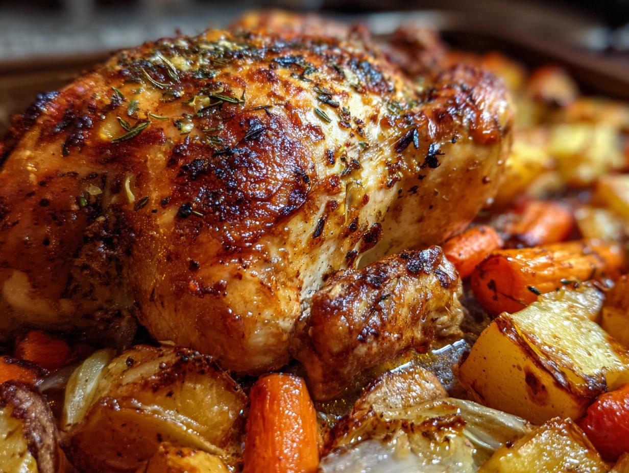 A golden-brown roasted chicken with herbs sits on a bed of roasted potatoes and carrots, perfect for Sunday dinner ideas.