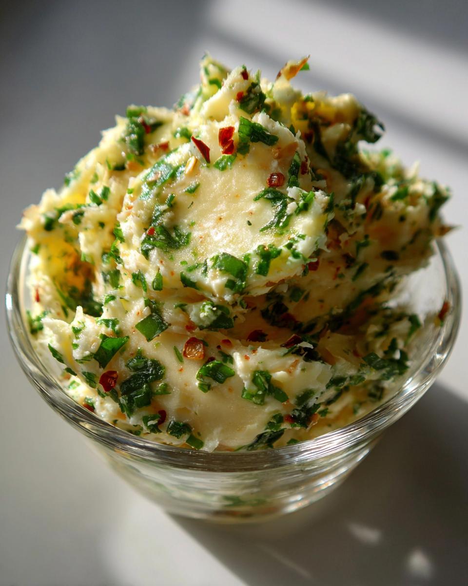 Close-up of creamy roasted garlic cowboy butter mixed with fresh herbs and red pepper flakes in a glass bowl.
