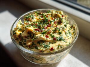 A close-up shot of a clear glass bowl filled with creamy roasted garlic cowboy butter, topped with fresh parsley and red pepper flakes.