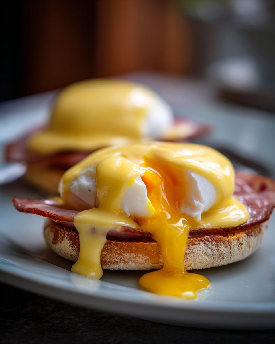 Close-up of eggs benedict with bright yellow hollandaise sauce dripping over a perfectly poached egg with a runny yolk.