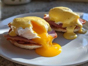 Two servings of eggs benedict covered in hollandaise sauce, with one egg yolk dramatically oozing out onto the plate.