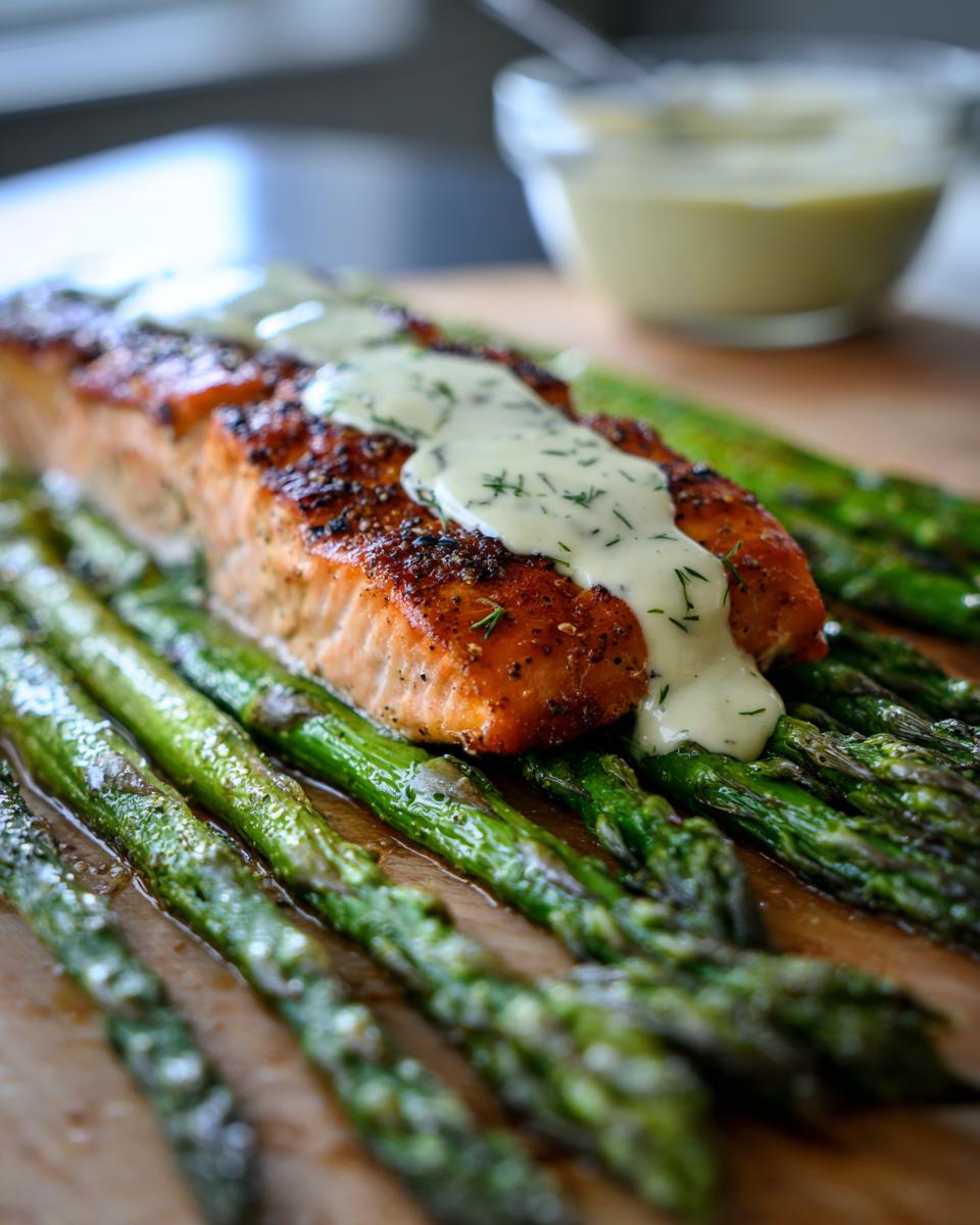 A perfectly cooked salmon fillet drizzled with creamy sauce, served over a bed of roasted asparagus spears. An anti-inflammatory dinner.