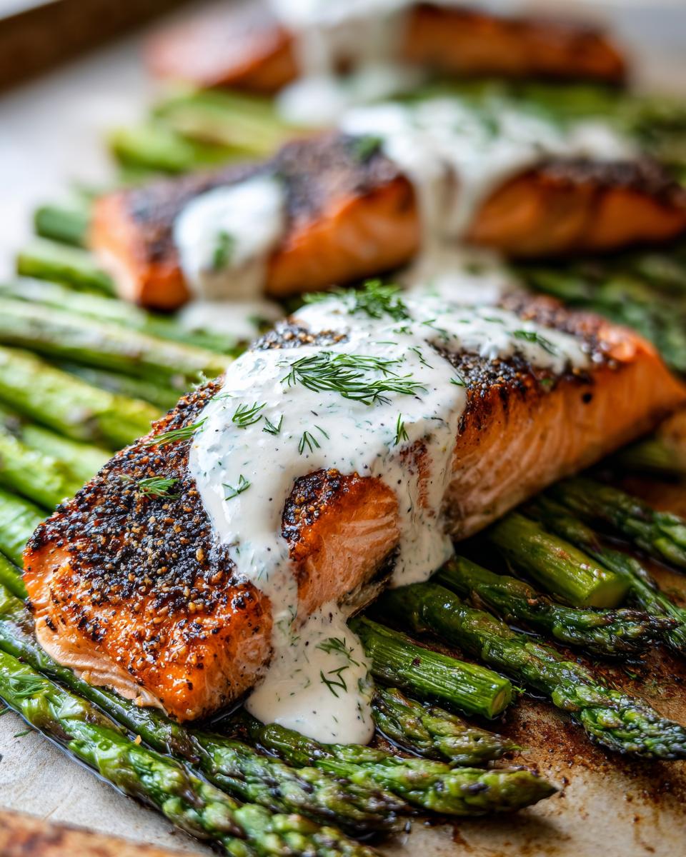 Close-up of a baked salmon fillet with a creamy dill sauce over roasted asparagus, perfect for anti-inflammatory dinners.