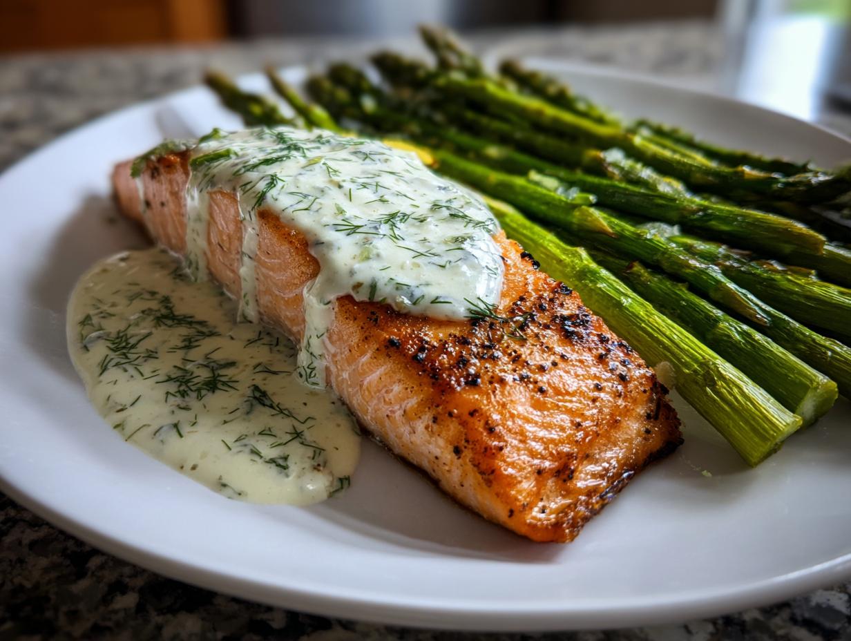 Pan-seared salmon fillet with creamy dill sauce and roasted asparagus spears, a perfect anti-inflammatory dinner.