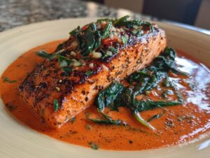 A perfectly cooked salmon fillet served in a rich roasted red pepper cream sauce with wilted spinach.