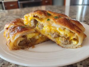 Close-up of two halves of a golden-brown sausage egg breakfast roll up, revealing fluffy scrambled eggs and savory sausage.