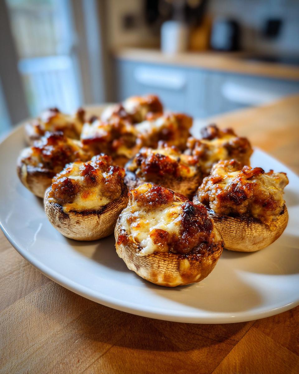 A white plate holding several golden-brown sausage stuffed mushrooms topped with melted, slightly browned cheese.