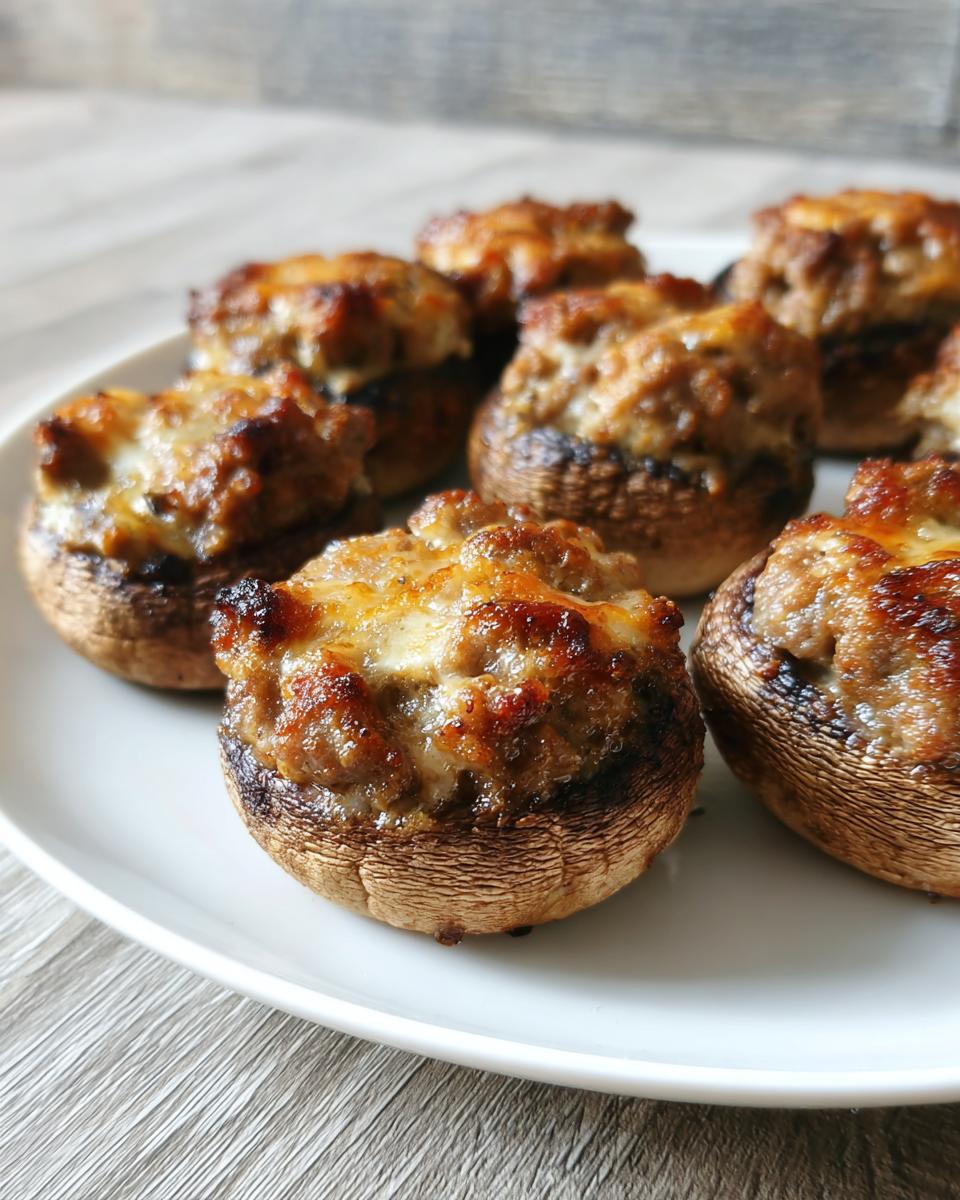 A plate of freshly baked sausage stuffed mushrooms with browned, cheesy tops.