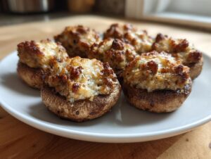 Close-up of several golden-brown sausage stuffed mushrooms served on a white plate.