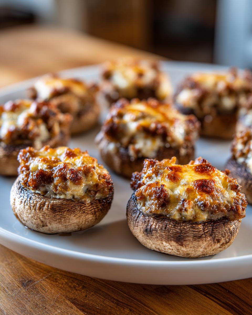 Close-up of baked sausage stuffed mushrooms topped with melted, browned cheese, served on a white platter.