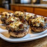 Close-up of baked sausage stuffed mushrooms topped with melted cheese and herbs, ready to serve.