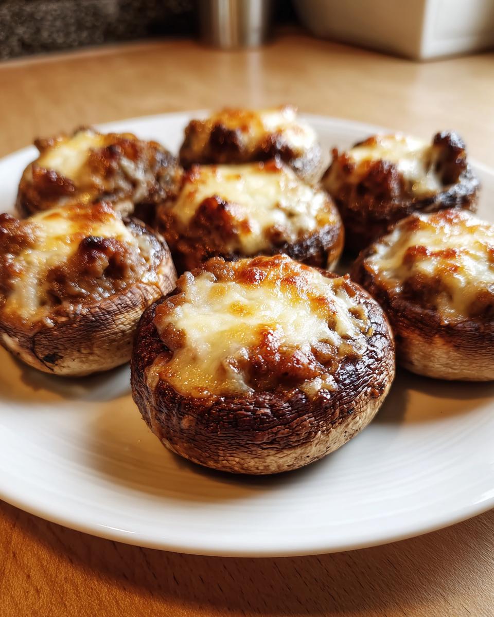 Six baked sausage stuffed mushrooms topped with golden, melted cheese served on a white plate.