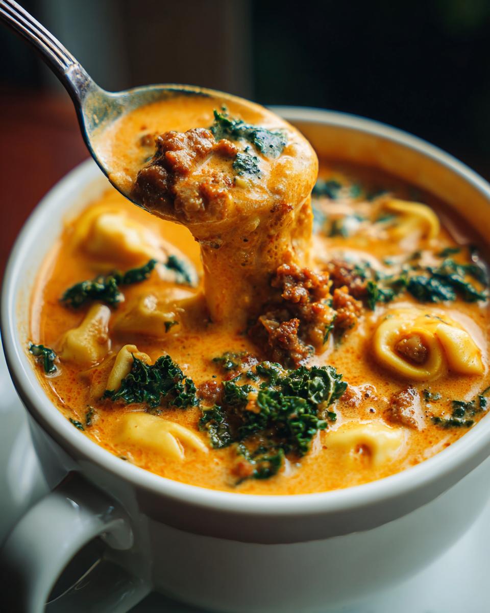 A spoonful of rich, creamy sausage tortellini soup being lifted from a white bowl, showing chunks of sausage and kale.