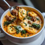A spoonful of creamy sausage tortellini soup, showing tortellini, crumbled sausage, and kale being lifted from a white bowl.
