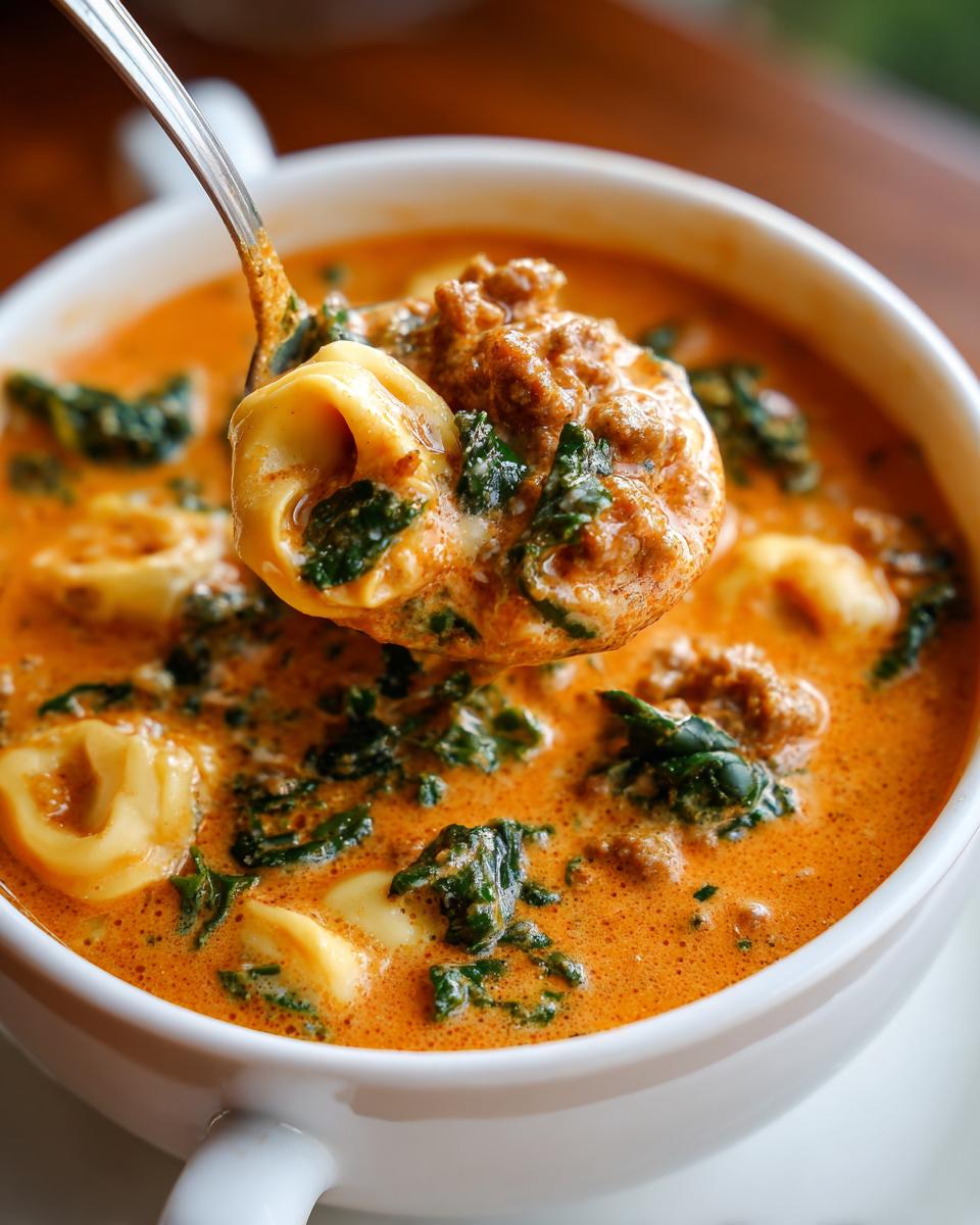 A spoonful of rich, creamy sausage tortellini soup featuring tortellini pasta, ground sausage, and dark green kale.