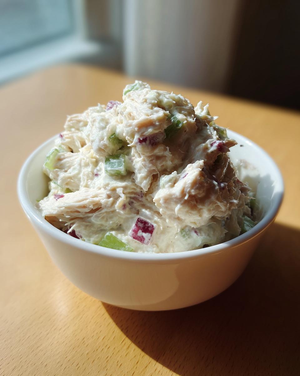 A white bowl filled with creamy cottage cheese chicken salad mixed with celery and red onion chunks.