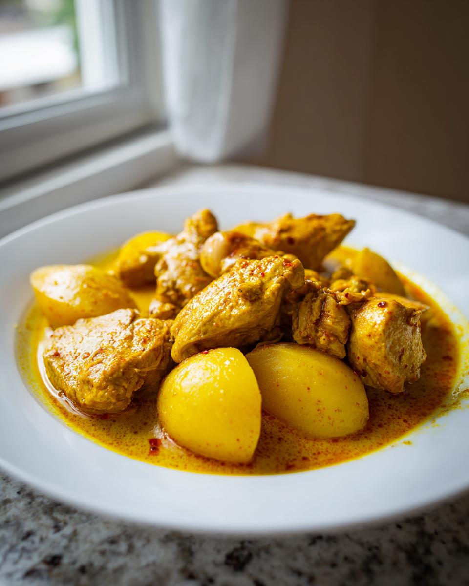 Close-up of tender chicken pieces and yellow potatoes swimming in rich, golden sauce of Jamaican Curry Chicken.
