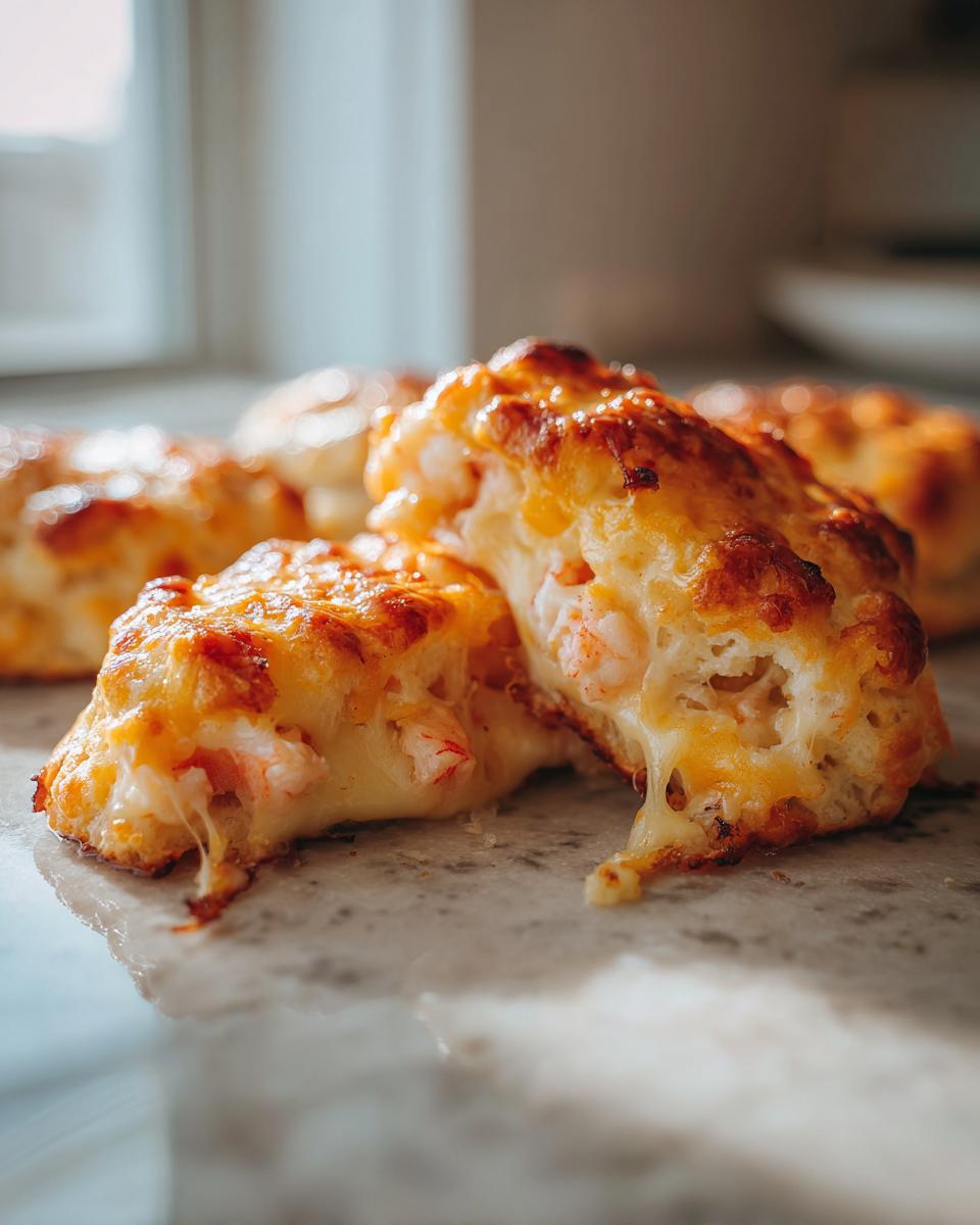 Close-up of cheesy shrimp and crab biscuit melts, with melted cheese oozing out.