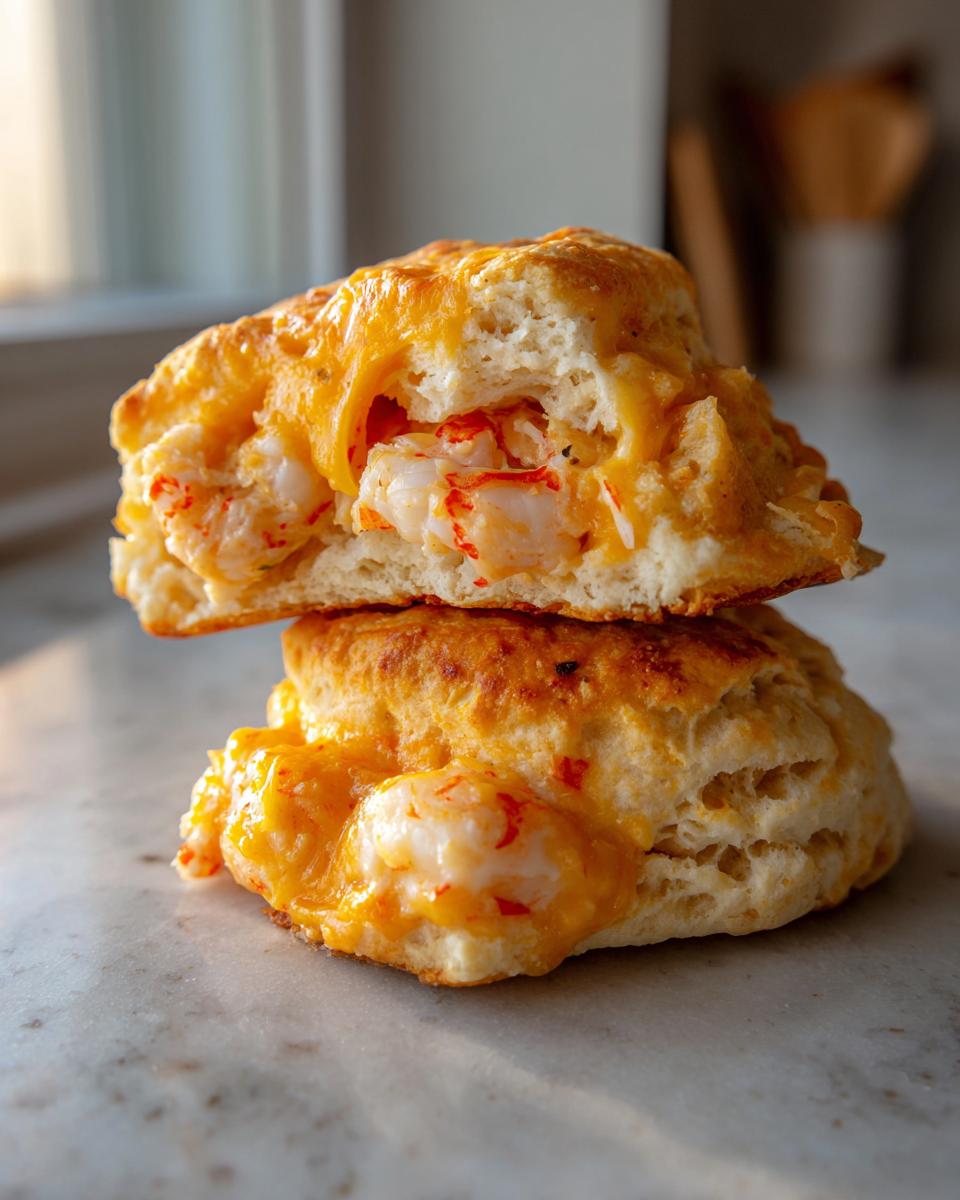 Close-up of two halves of a shrimp and crab biscuit melt, filled with cheesy seafood mixture.