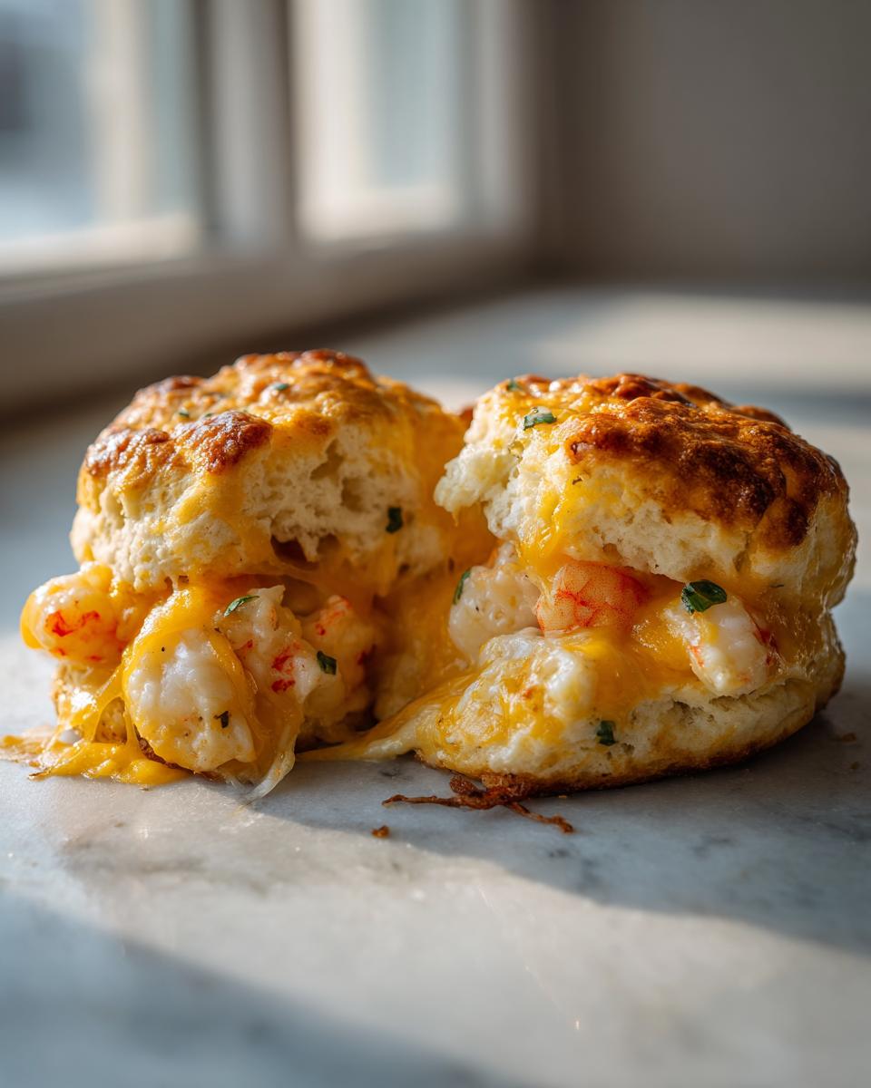 Close-up of a split biscuit revealing a gooey, cheesy filling with shrimp and crab pieces in our Shrimp and Crab Biscuit Melts.