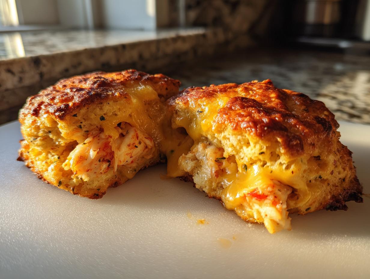 Close-up of two halves of a shrimp and crab biscuit melt, revealing gooey cheese and seafood filling.