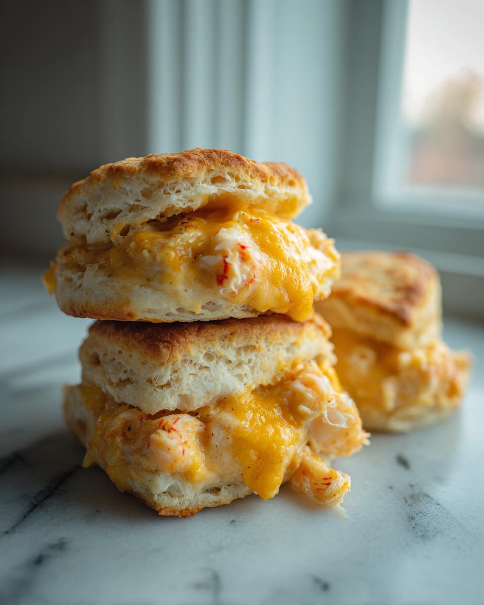 A stack of two golden-brown shrimp and crab biscuit melts, oozing with melted cheese.