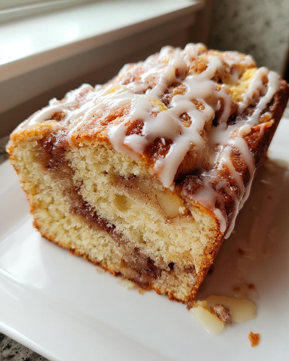 A close-up of a moist slice of apple fritter bread topped with sweet vanilla glaze.