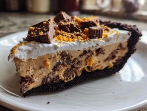 A decadent slice of butterfinger pie featuring a dark crust, peanut butter filling with candy pieces, whipped cream, and chopped Butterfinger.
