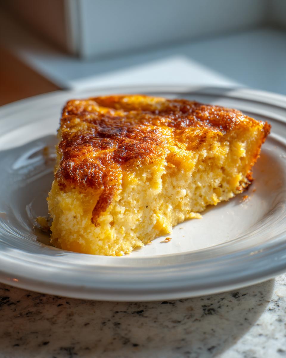 A golden-brown slice of amazing cream cheese corn casserole served on a white plate.
