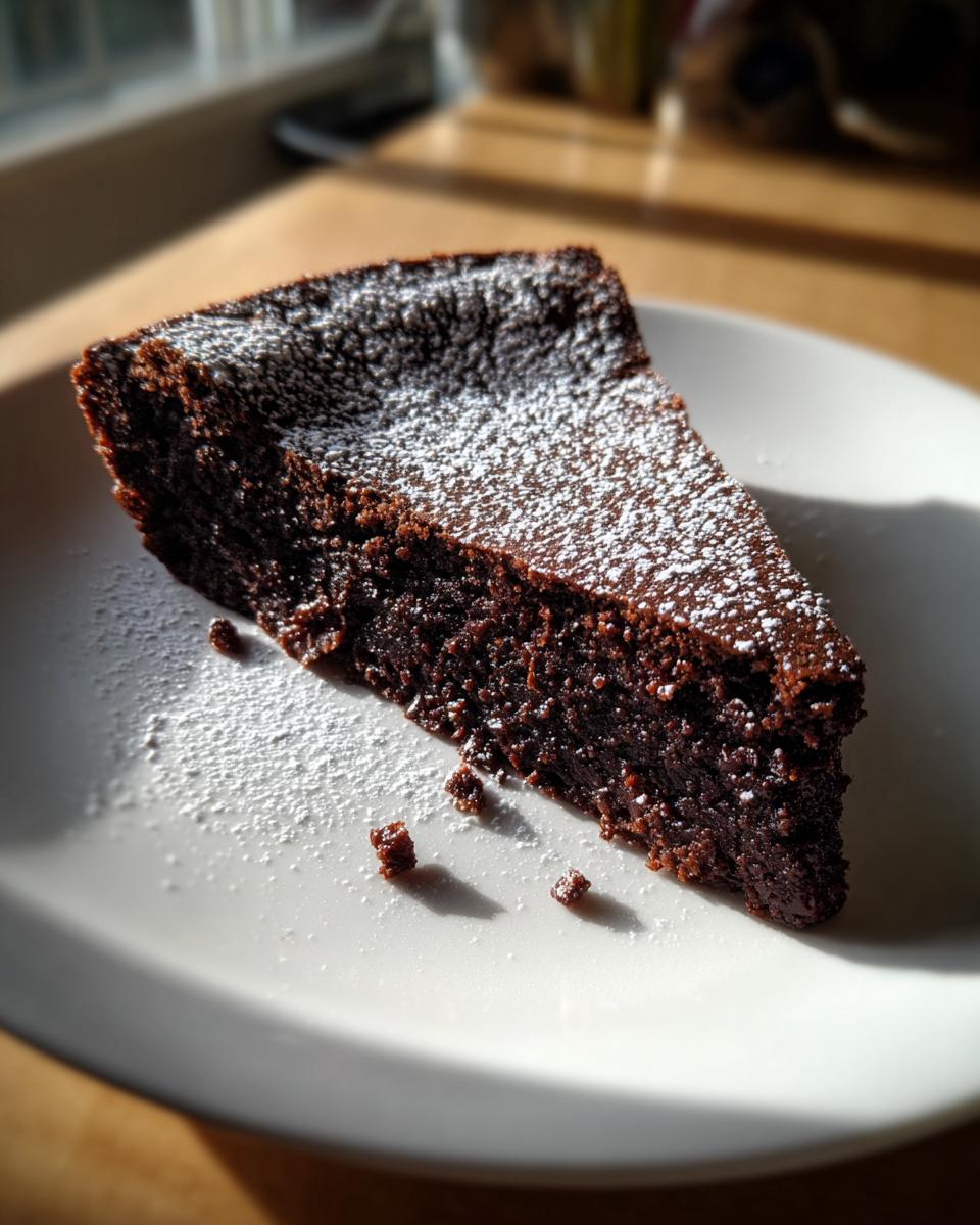 A decadent slice of flourless chocolate torte, dusted heavily with powdered sugar, sitting on a white plate.