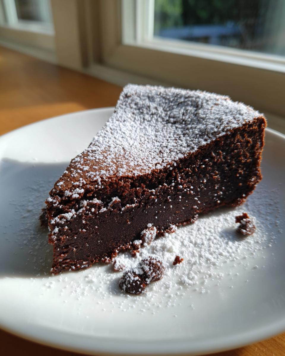 A decadent slice of flourless chocolate torte dusted generously with powdered sugar on a white plate.
