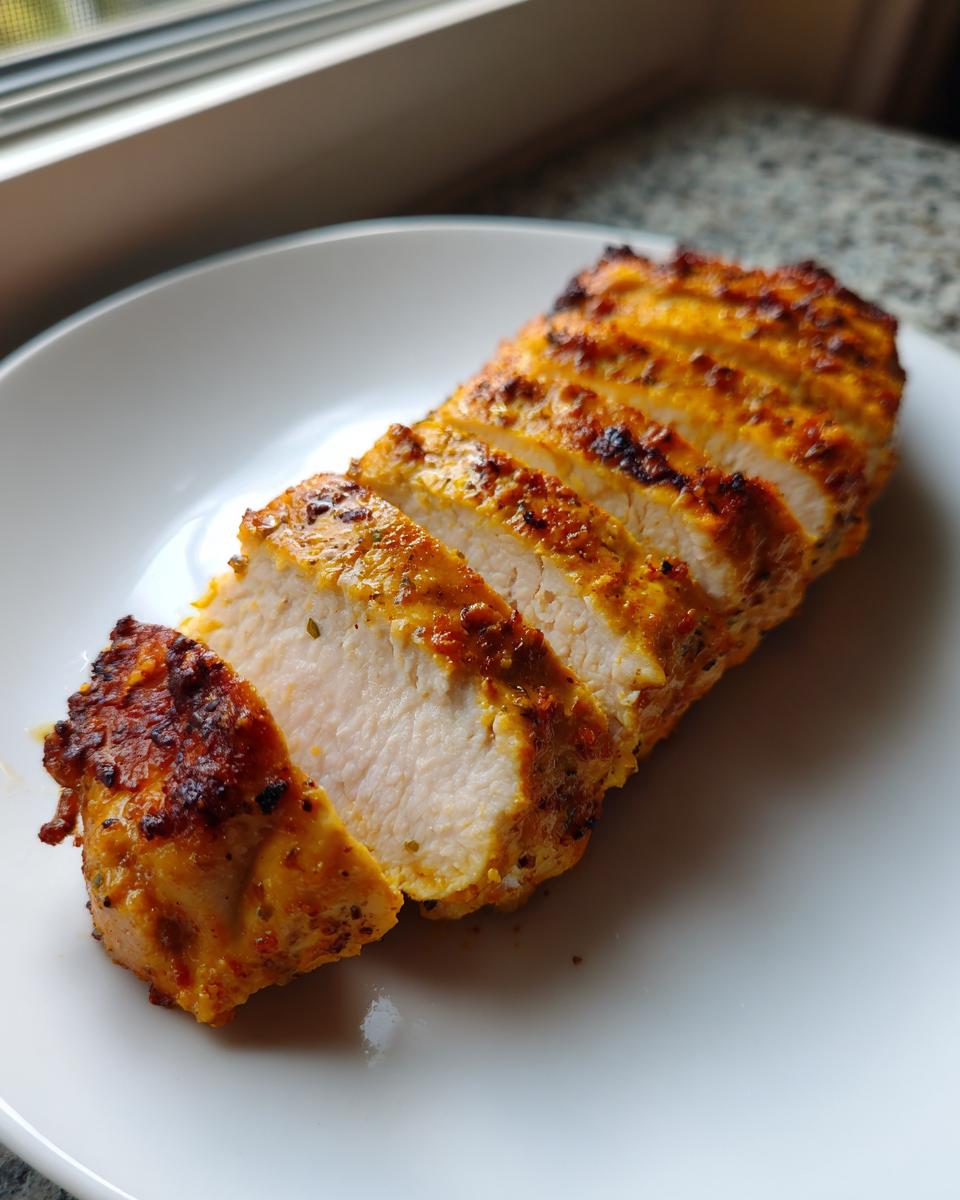 Close-up of perfectly cooked, sliced greek chicken breast showing moist white meat and a golden, seasoned crust.