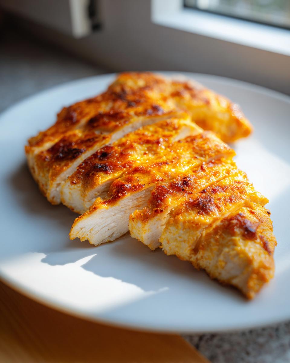 Close-up of perfectly cooked, sliced greek chicken breast with a golden-orange seasoned crust on a white plate.
