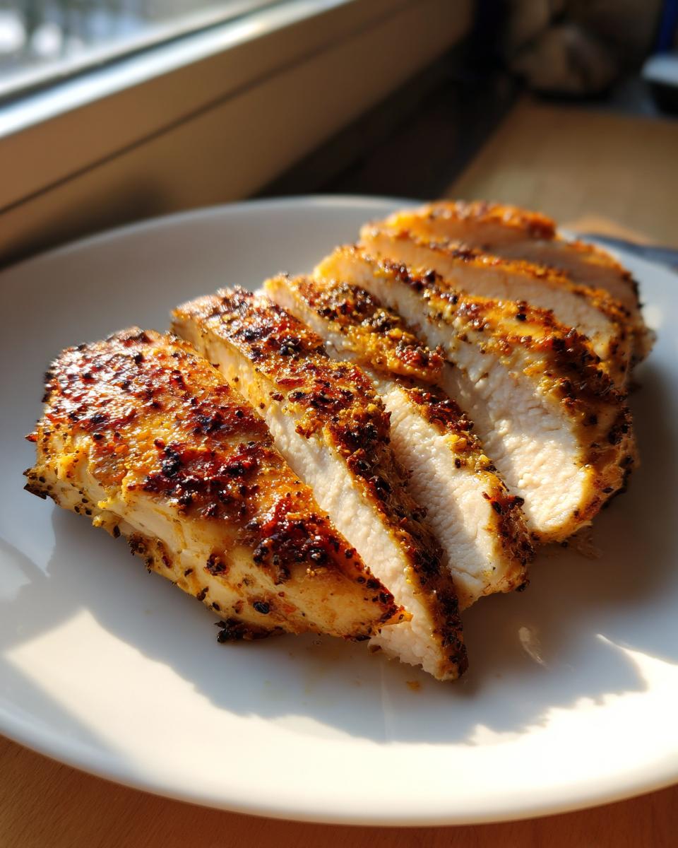 Slices of perfectly cooked, juicy greek chicken breast with a seasoned, browned crust on a white plate.