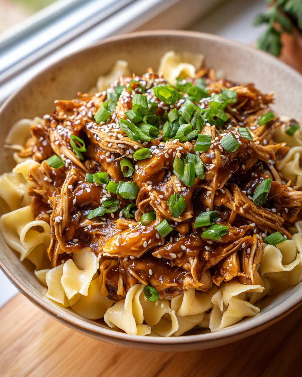 A close-up of a bowl of slow cooker honey garlic chicken and noodles, topped with sesame seeds and green onions.