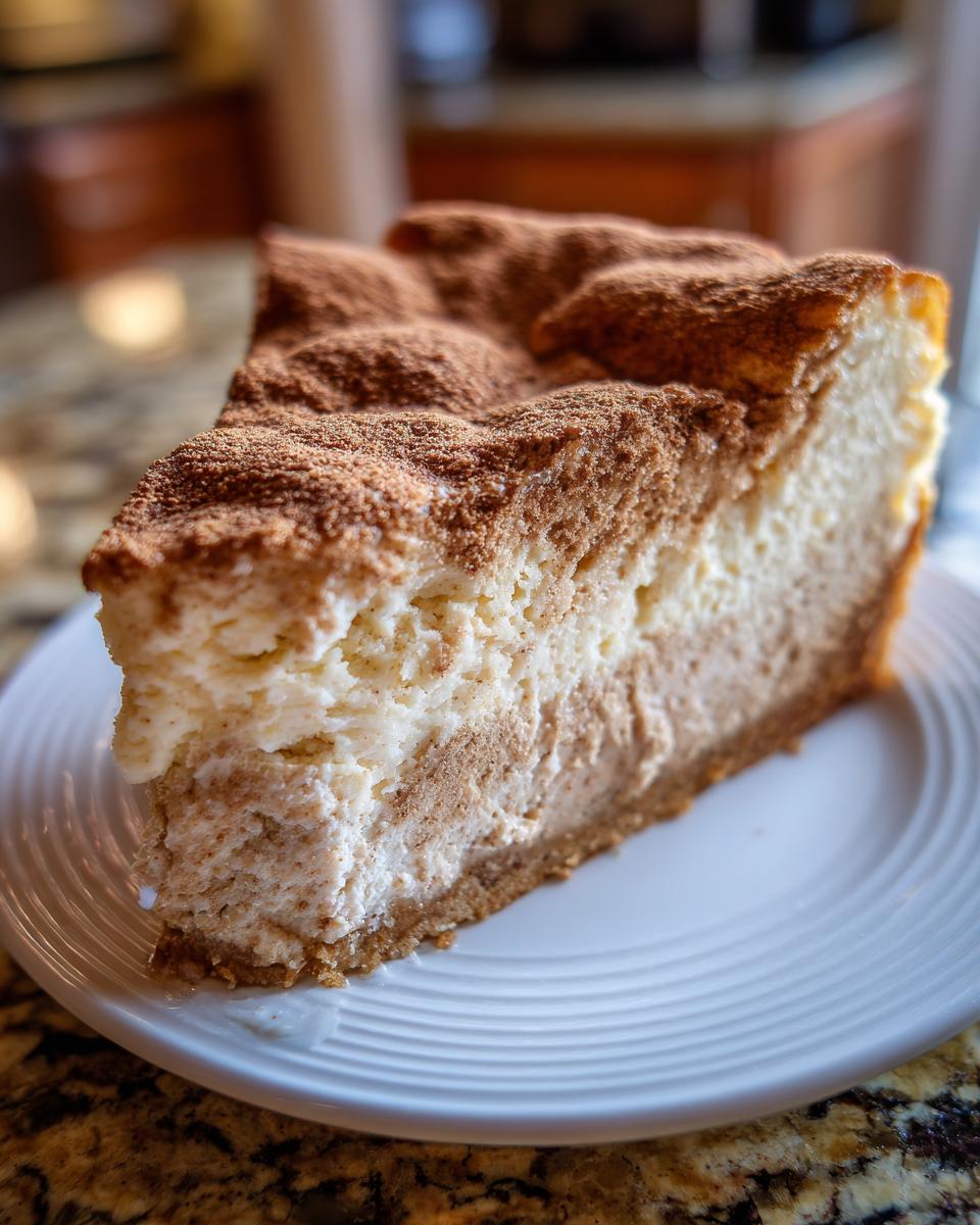 A thick slice of snickerdoodle cheesecake with a marbled cream cheese layer and heavy cinnamon dusting on top.