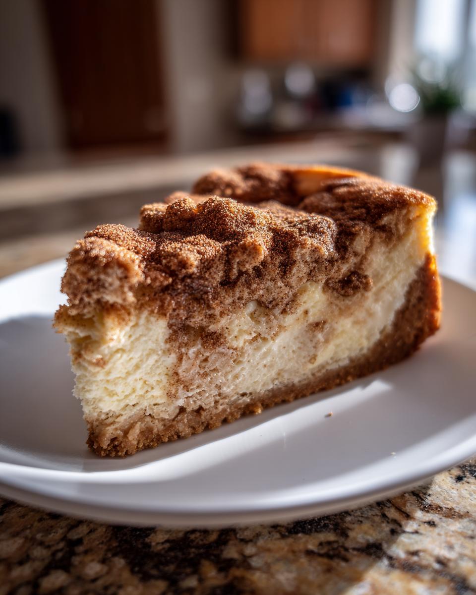 A close-up, sunlit slice of snickerdoodle cheesecake showing a creamy center and thick cinnamon sugar topping.