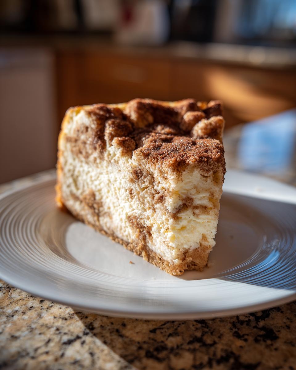 A thick slice of creamy snickerdoodle cheesecake topped with cinnamon sugar sits on a white plate.