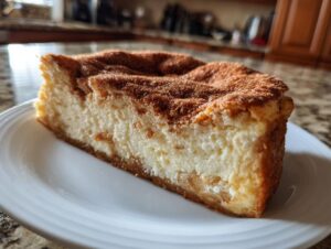 A thick slice of creamy snickerdoodle cheesecake topped generously with cinnamon sugar, sitting on a white plate.