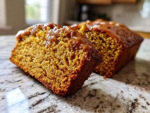 A close-up of a slice of moist snickerdoodle pumpkin bread with a glossy glaze.