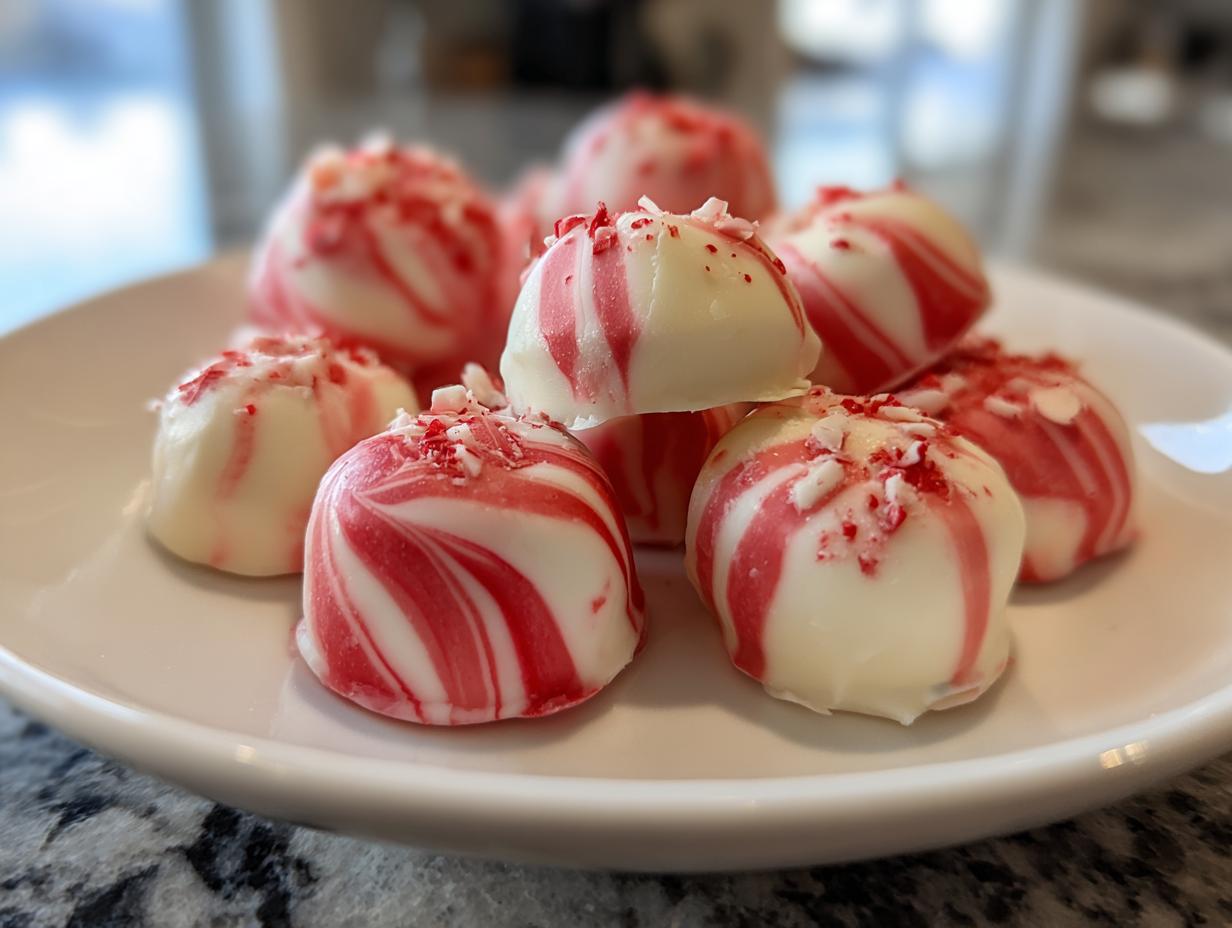 A close-up of soft Christmas peppermints, swirled with red and white, topped with crushed candy cane.