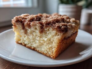 A moist slice of sour cream coffee cake featuring a light crumb and thick, sugary cinnamon streusel topping.