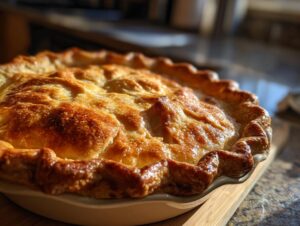 Golden brown, flaky sourdough discard pie crust with a crimped edge, freshly baked.
