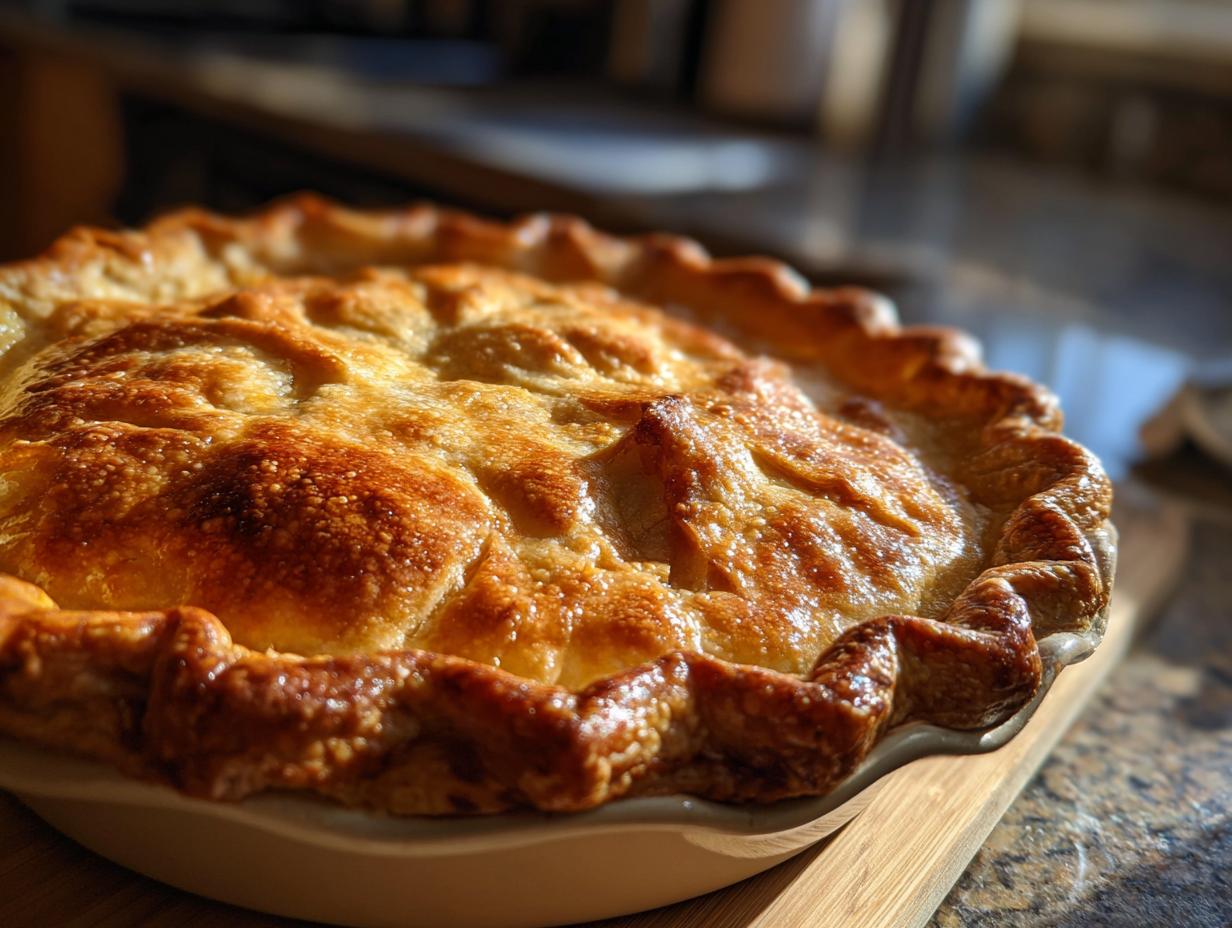 Golden brown, flaky sourdough discard pie crust with a crimped edge, freshly baked.